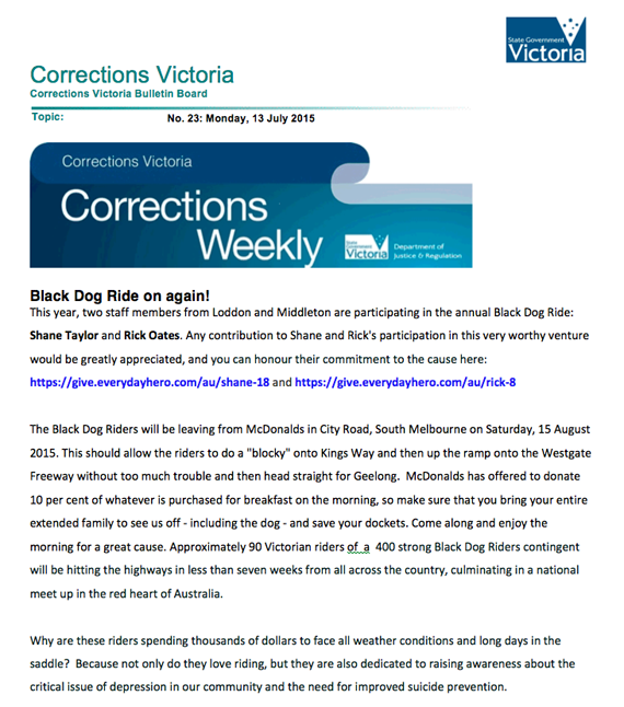 Black Dog Ride Red Centre 2015 Media Victoria Corrections Article July 2015