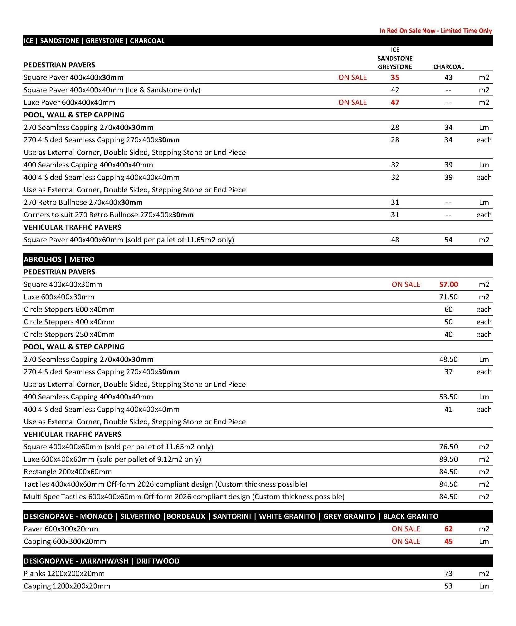 Freo Stone Paving Pricelist page 1
