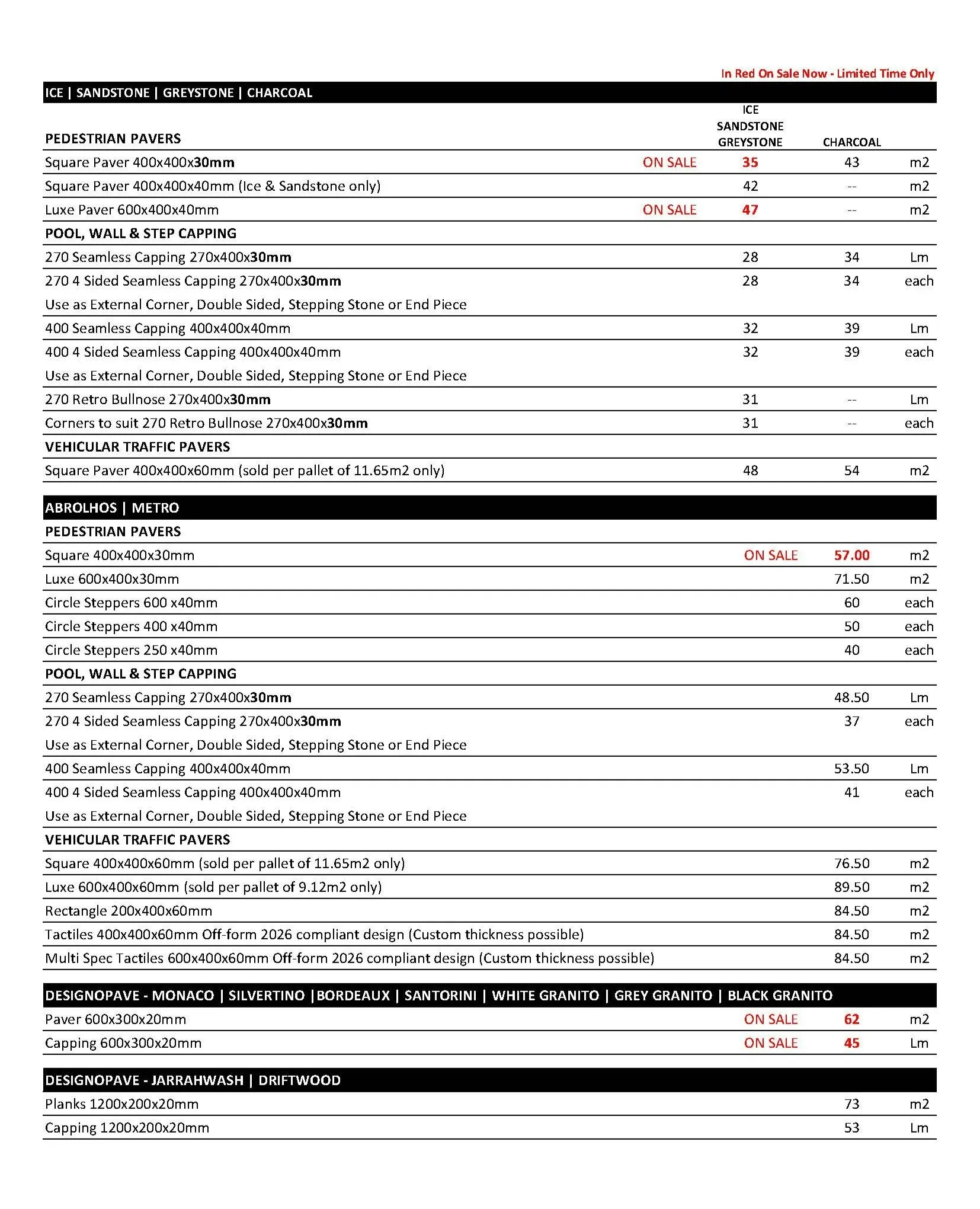 Freo Stone Paving Pricelist page 1